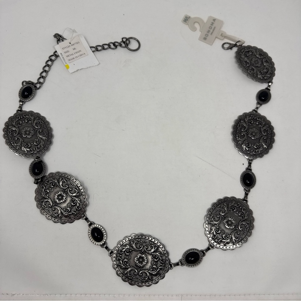 SONOMA Silvertone Floral Black Bead Metal Chain Belt Concho Women's Size M/L